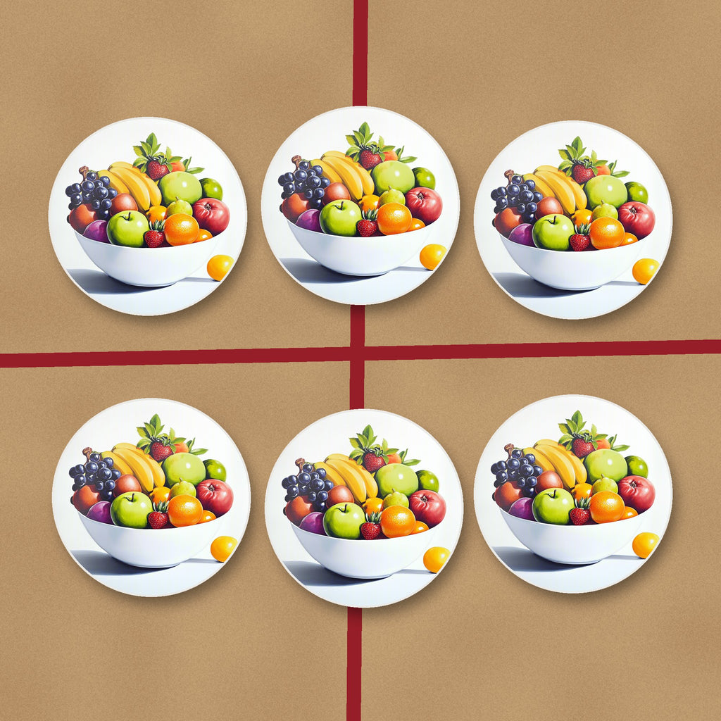 Fruit Bowl Still Life round ceramic coasters on kraft gift wrap