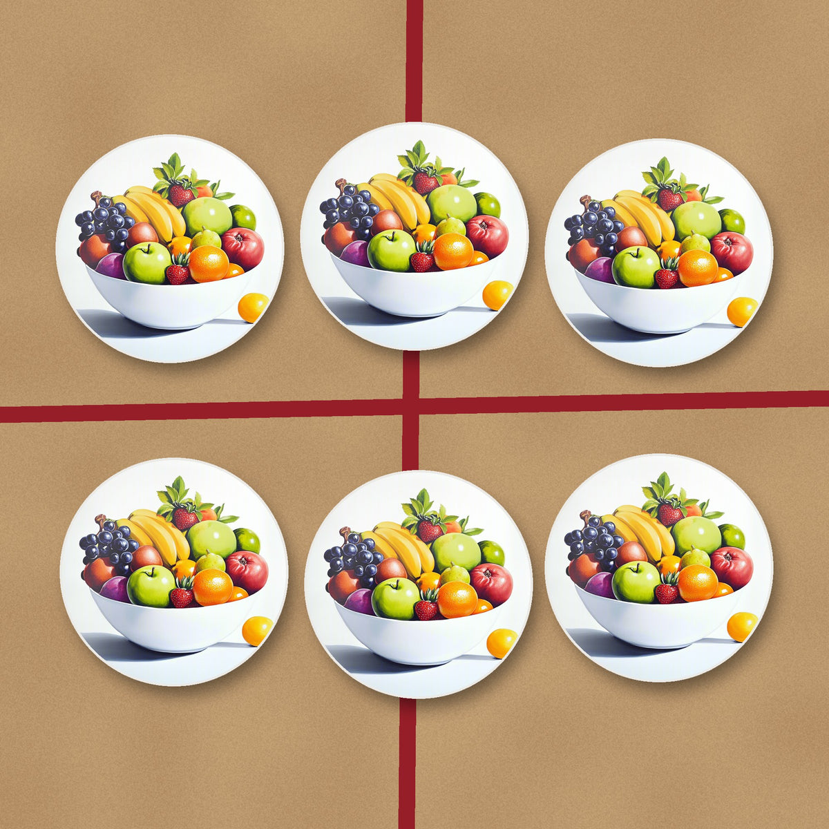 Fruit Bowl Still Life round ceramic coasters on kraft gift wrap