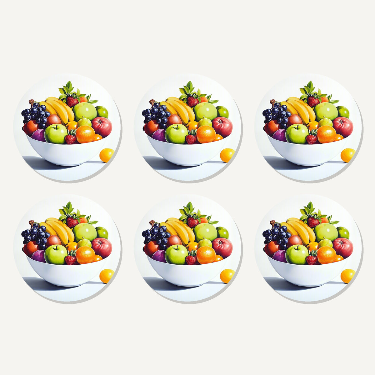 Flat lay of the fruit bowl still life artwork on six round coasters