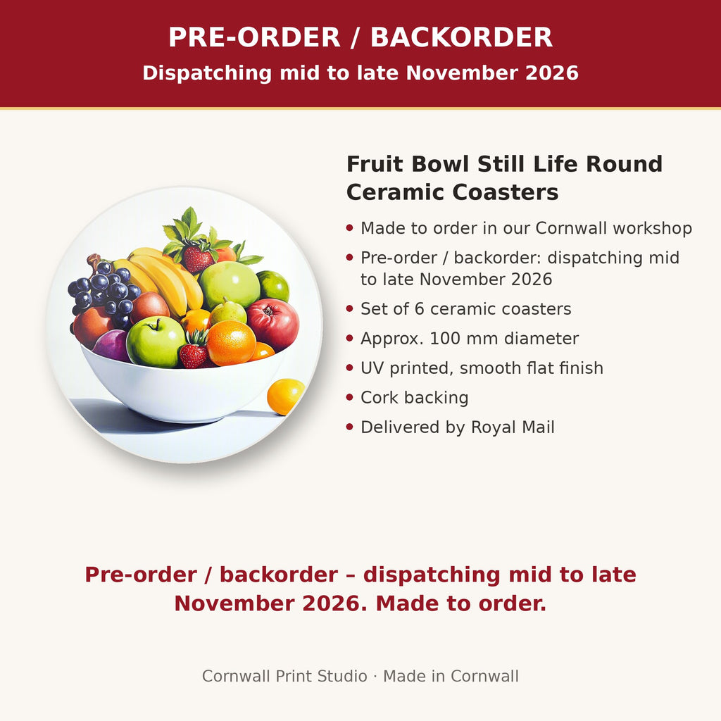 Info card: Fruit Bowl Still Life Round Ceramic Coasters – Set of 6, made to order, dispatching mid to late November 2026, delivered by Royal Mail