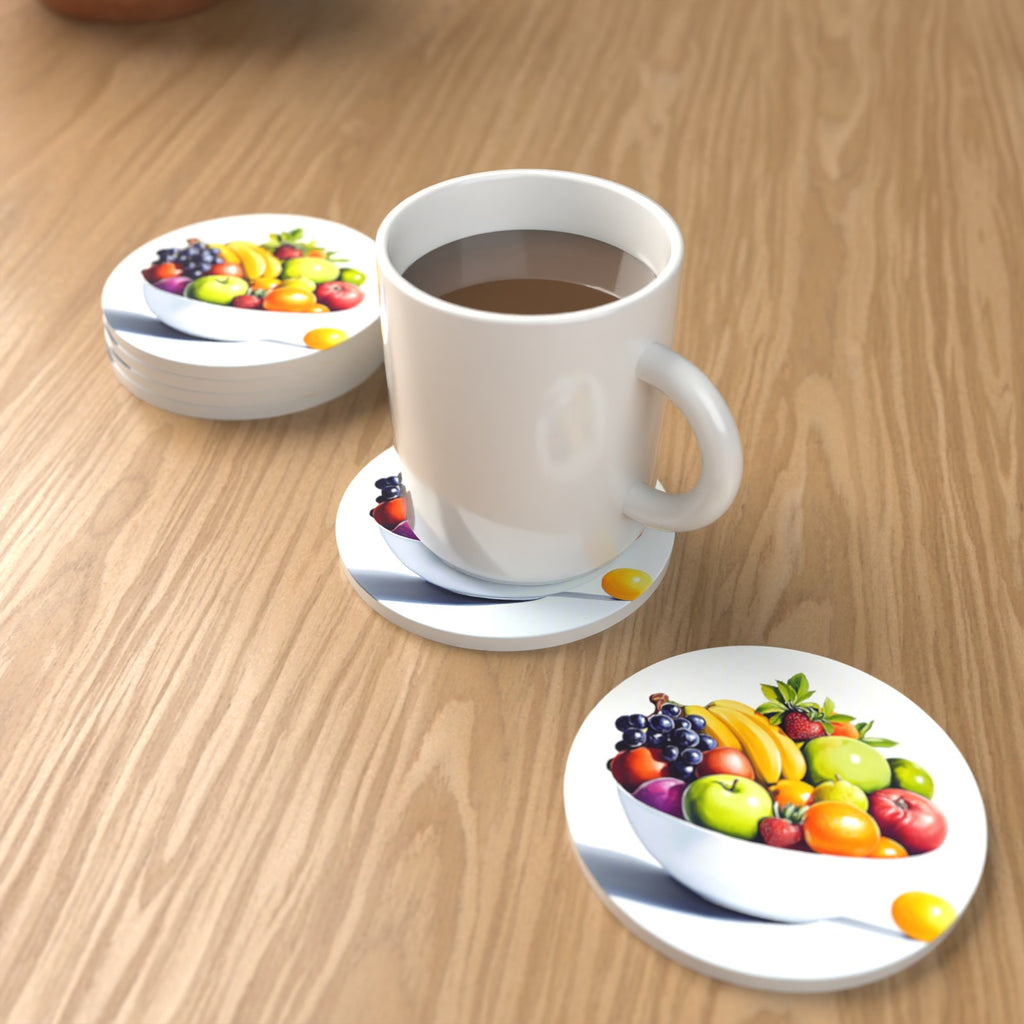Fruit Bowl Still Life Round Ceramic Coasters – Set of 6 – lifestyle mockup with a mug of coffee