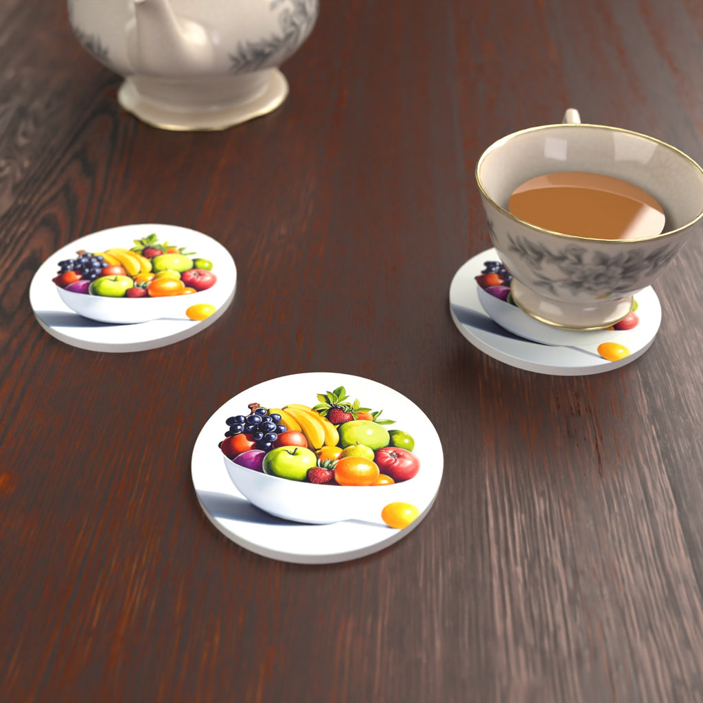 Fruit Bowl Still Life Round Ceramic Coasters – Set of 6 – lifestyle mockup with a teacup