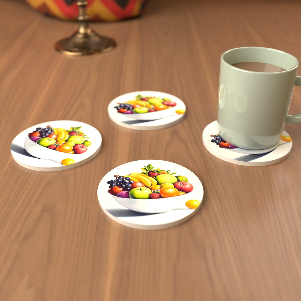 Fruit Bowl Still Life Round Ceramic Coasters – Set of 6 – cosy lifestyle mockup