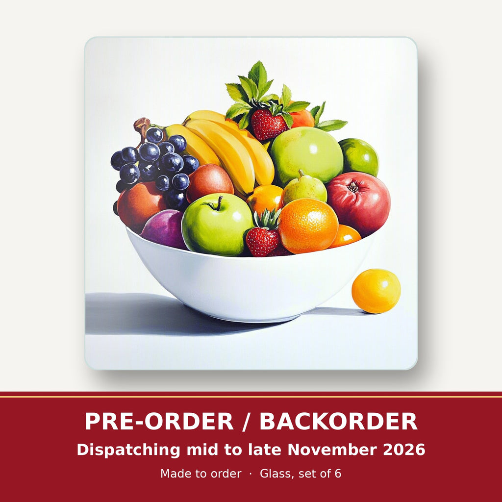 Fruit Bowl Still Life square glass coaster set of 6 – pre-order / backorder, dispatching mid to late November 2026