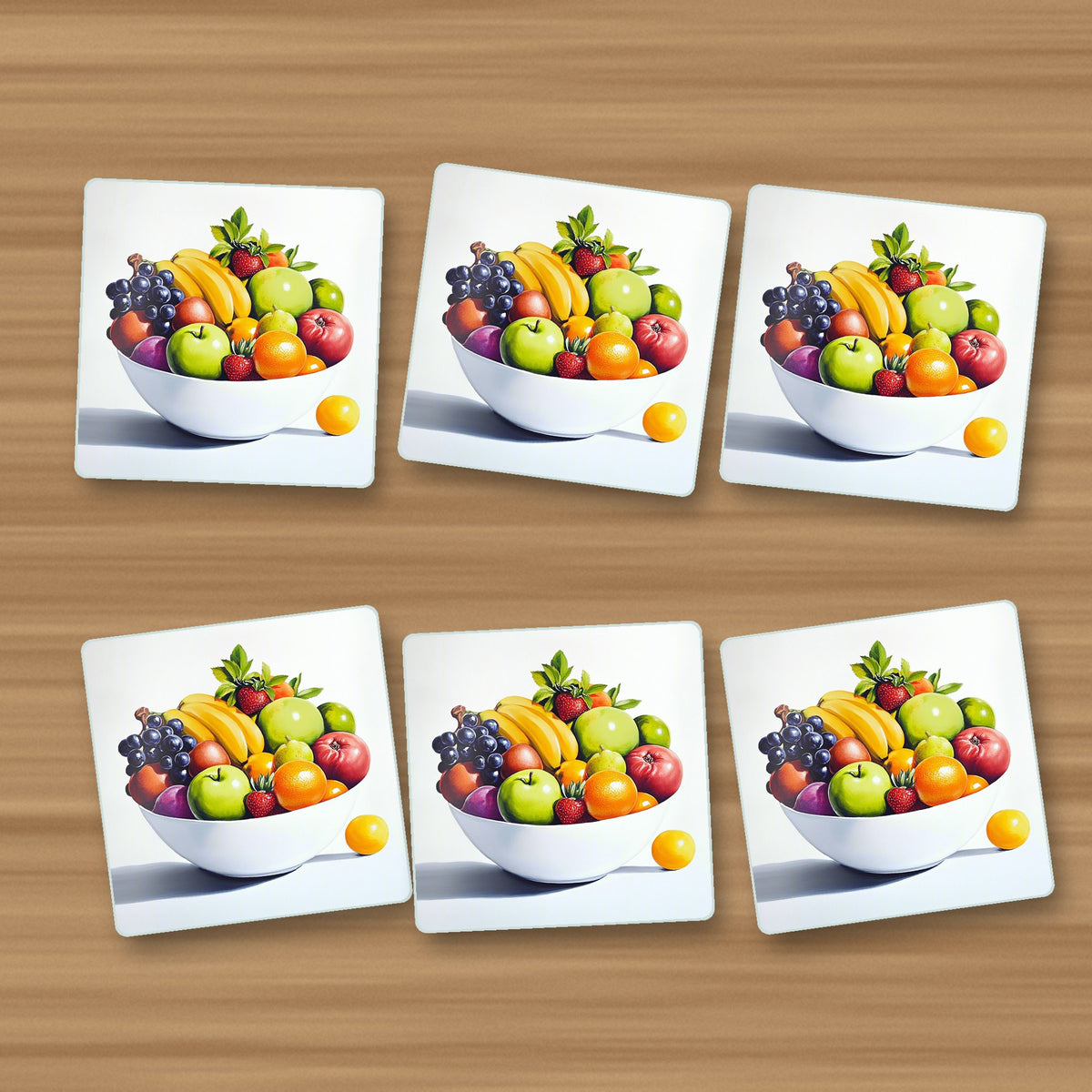 Fruit Bowl Still Life square glass coasters, set of 6, on an oak coffee table