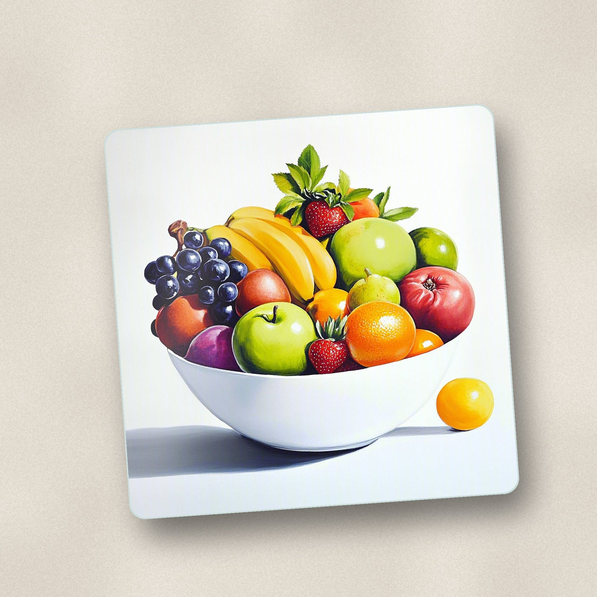 Close-up of one fruit bowl still life square glass coaster, flat UV print