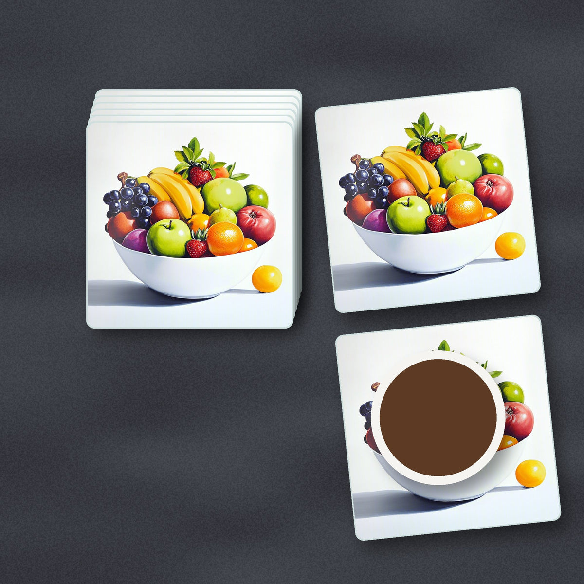 Fruit Bowl Still Life square glass coasters stacked on a slate kitchen worktop