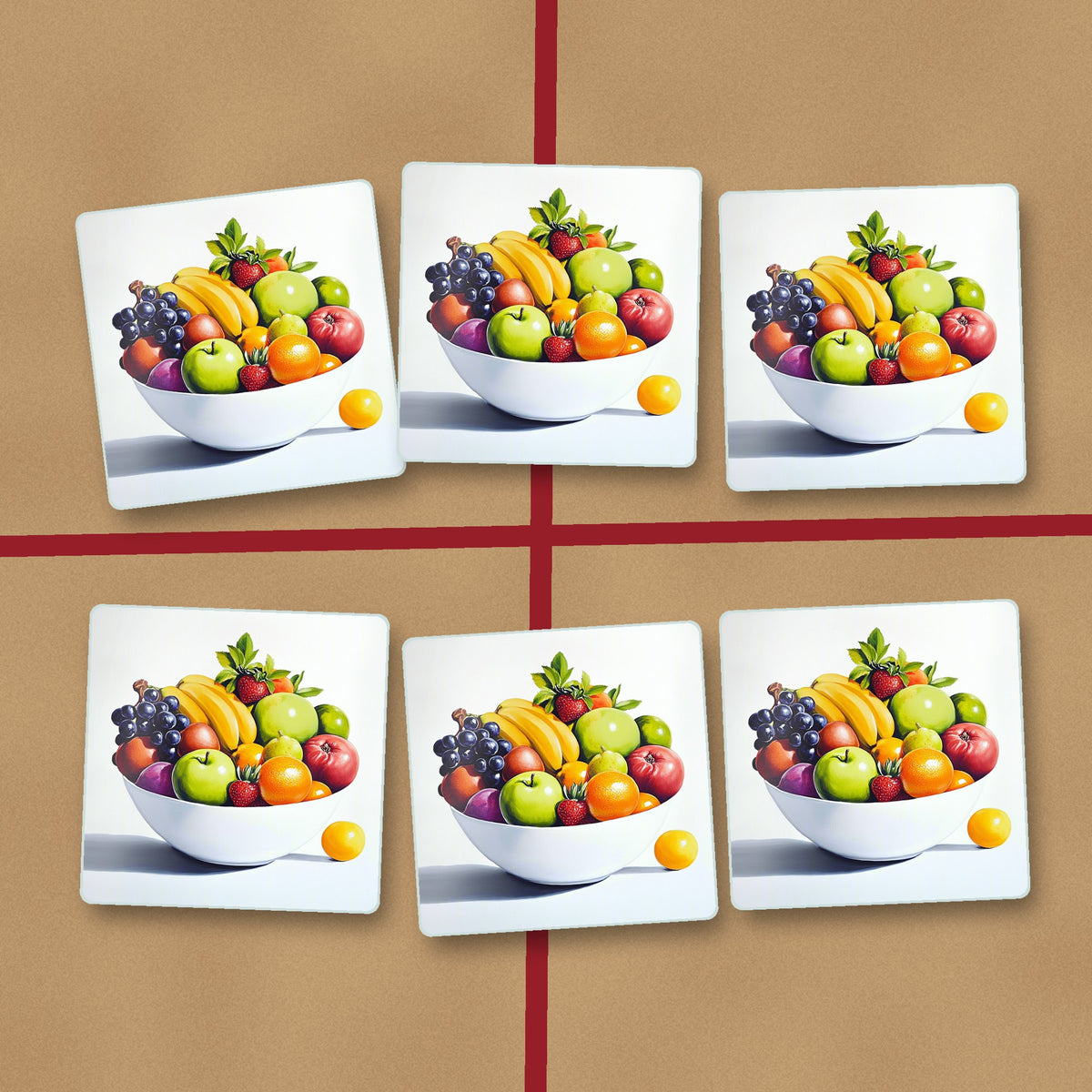 Fruit Bowl Still Life square glass coasters on kraft gift wrap