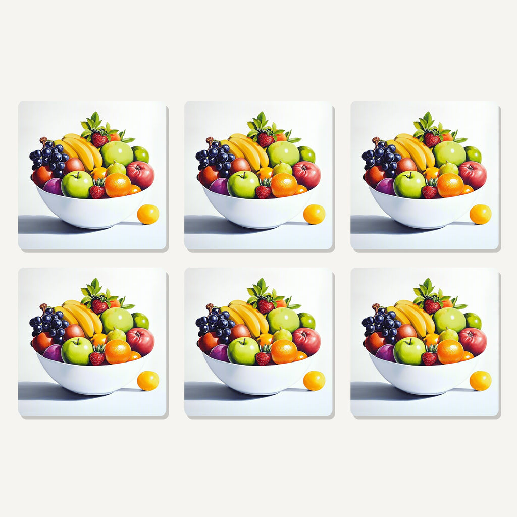 Flat lay of the fruit bowl still life artwork on six square coasters