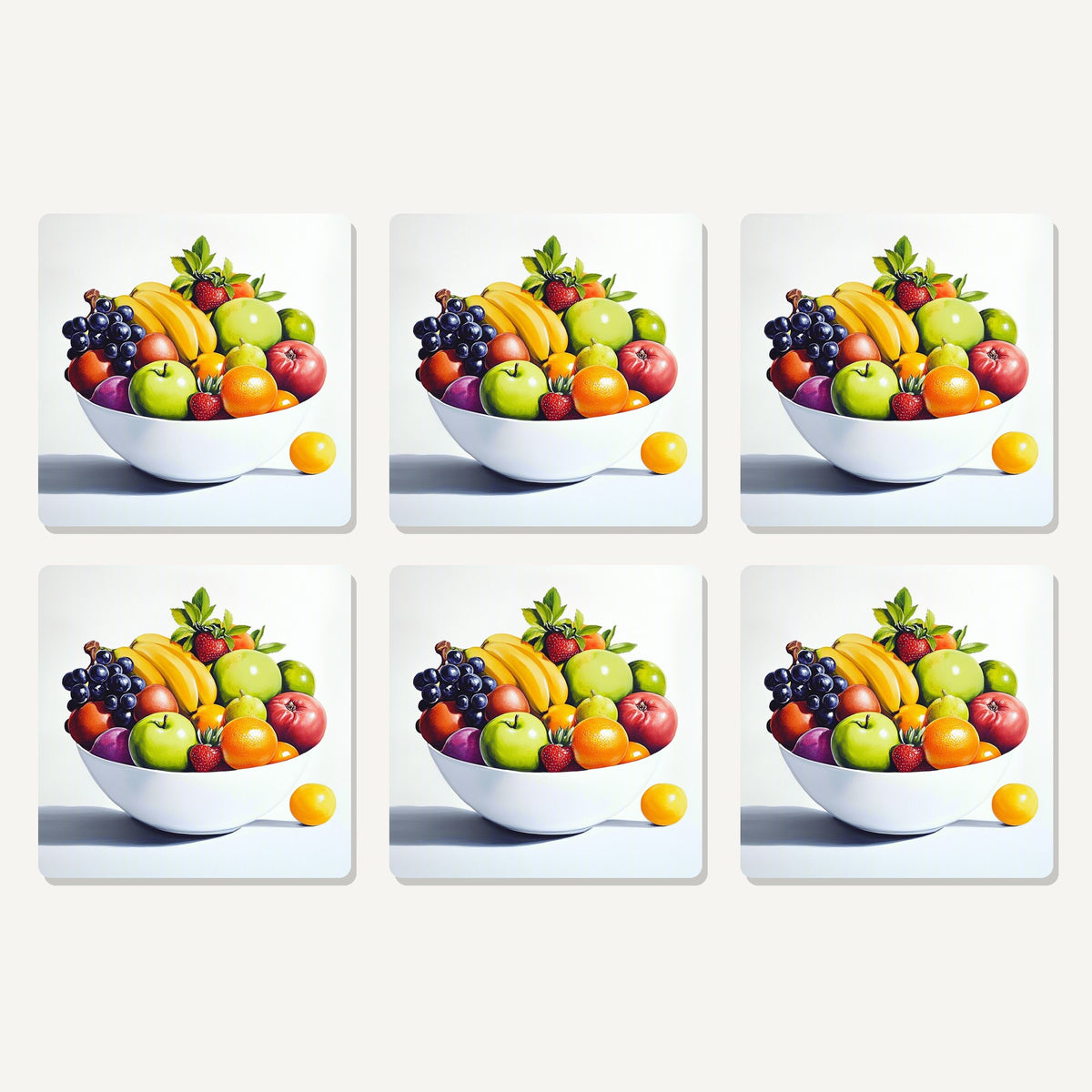 Flat lay of the fruit bowl still life artwork on six square coasters