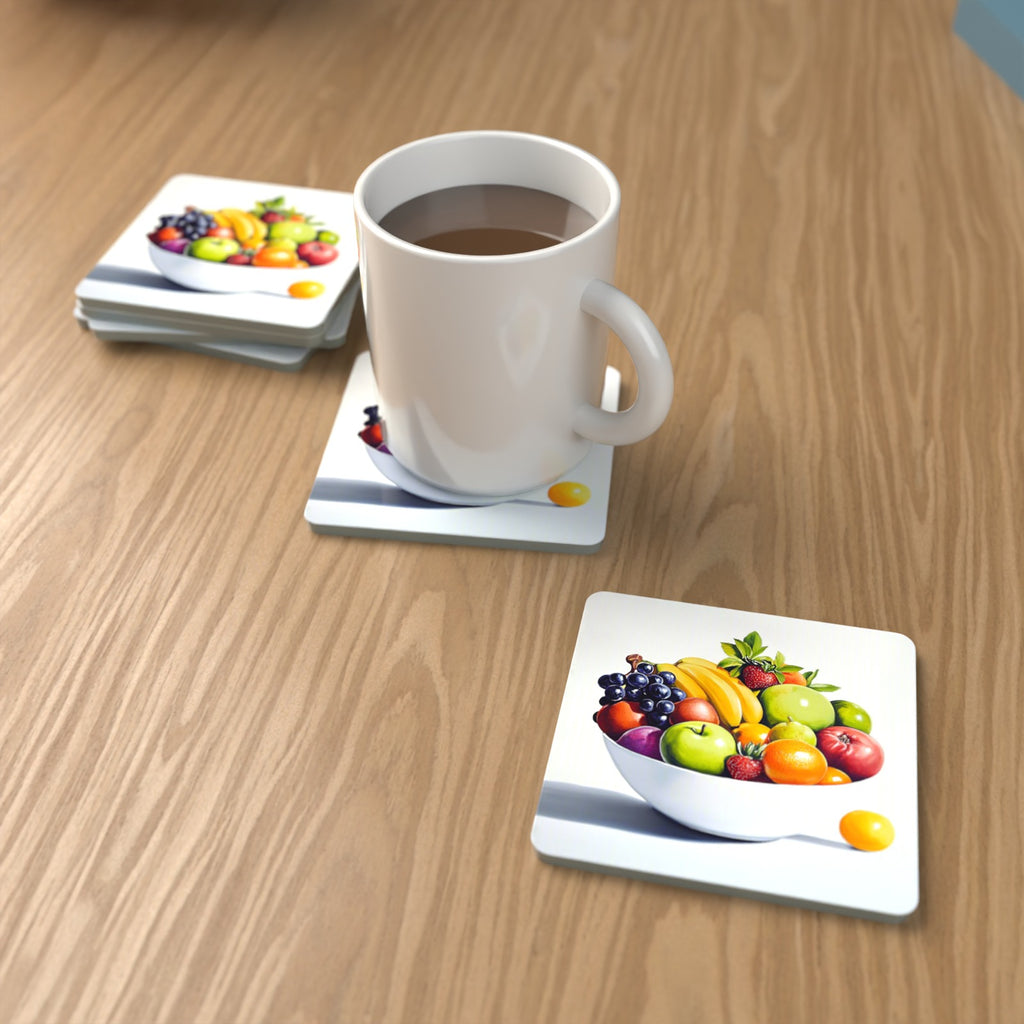 Fruit Bowl Still Life Square Glass Coasters – Set of 6 – lifestyle mockup with a mug of coffee