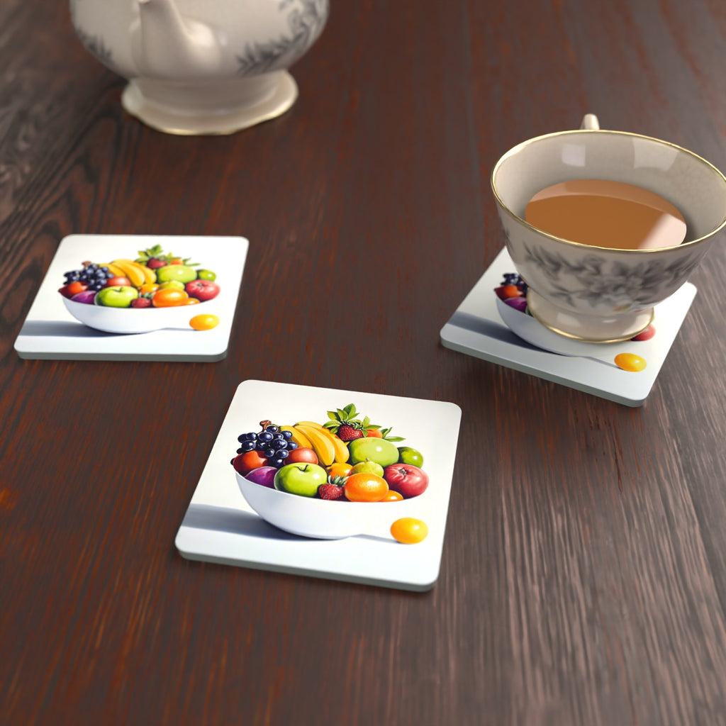 Fruit Bowl Still Life Square Glass Coasters – Set of 6 – lifestyle mockup with a teacup