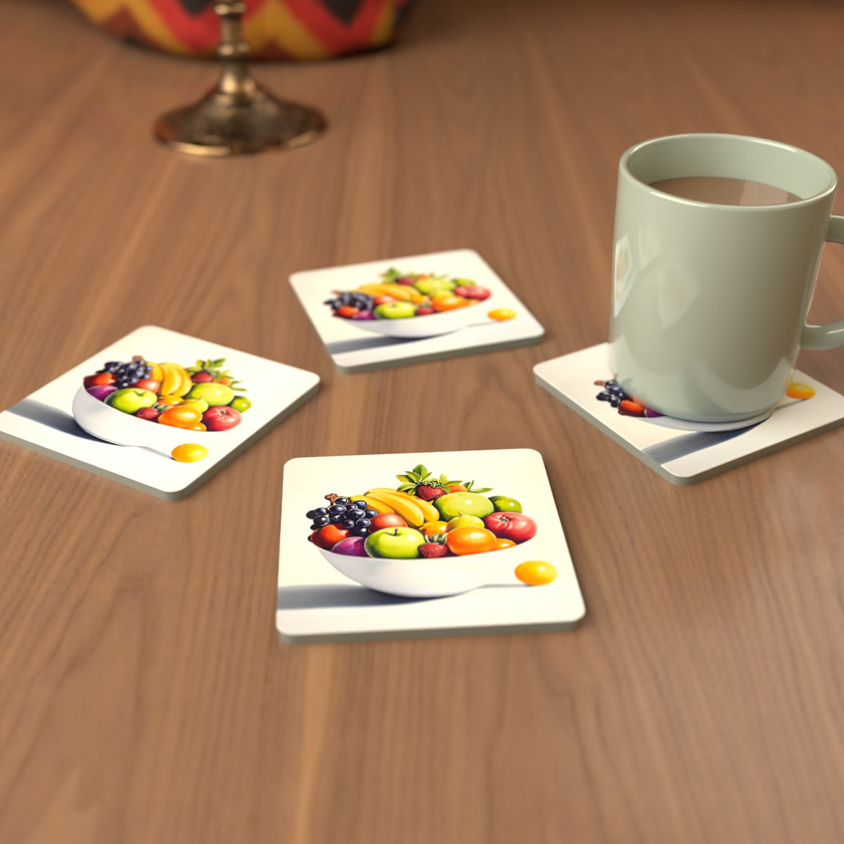 Fruit Bowl Still Life Square Glass Coasters – Set of 6 – cosy lifestyle mockup