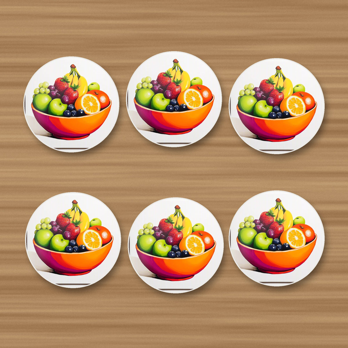 Fruit in an Orange Bowl round ceramic coasters, set of 6, on an oak coffee table