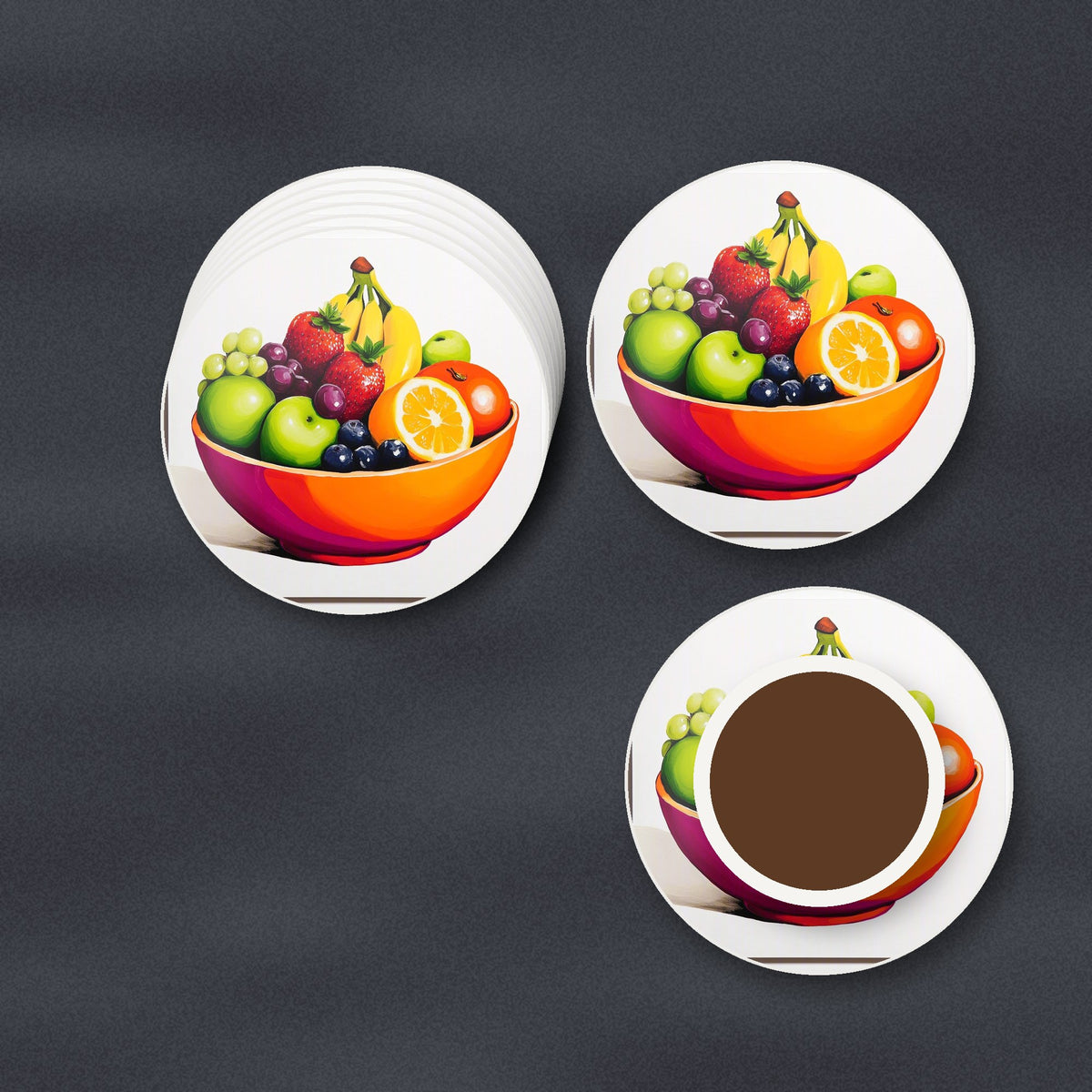 Fruit in an Orange Bowl round ceramic coasters stacked on a slate kitchen worktop