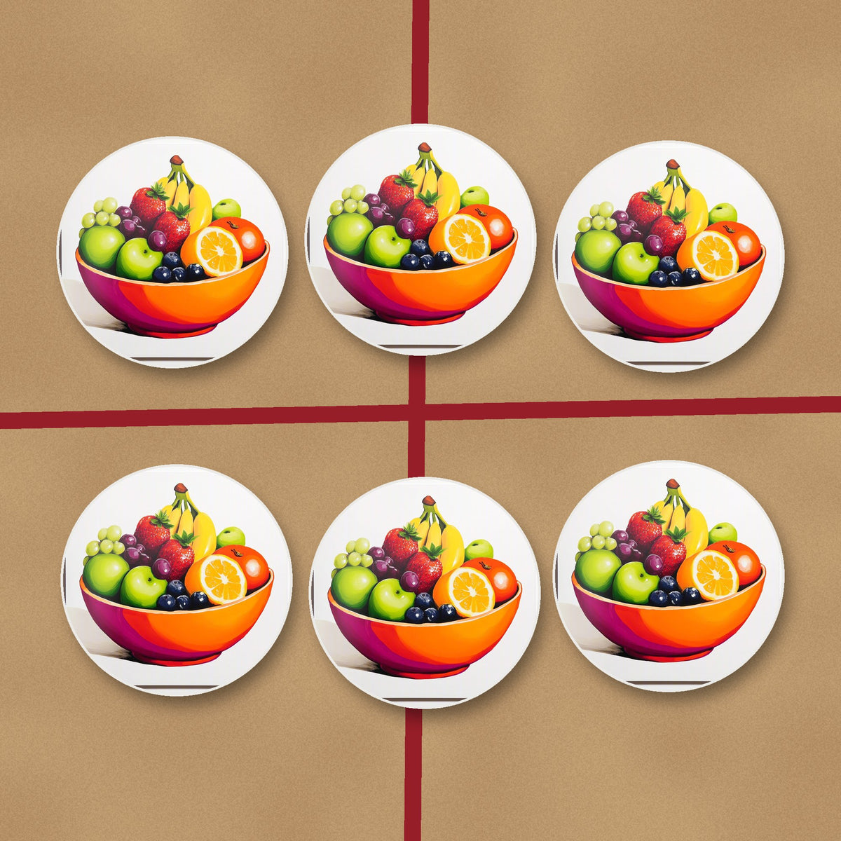 Fruit in an Orange Bowl round ceramic coasters on kraft gift wrap