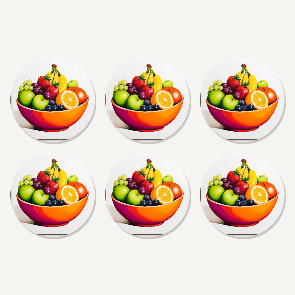 Flat lay of the fruit in an orange bowl artwork on six round coasters