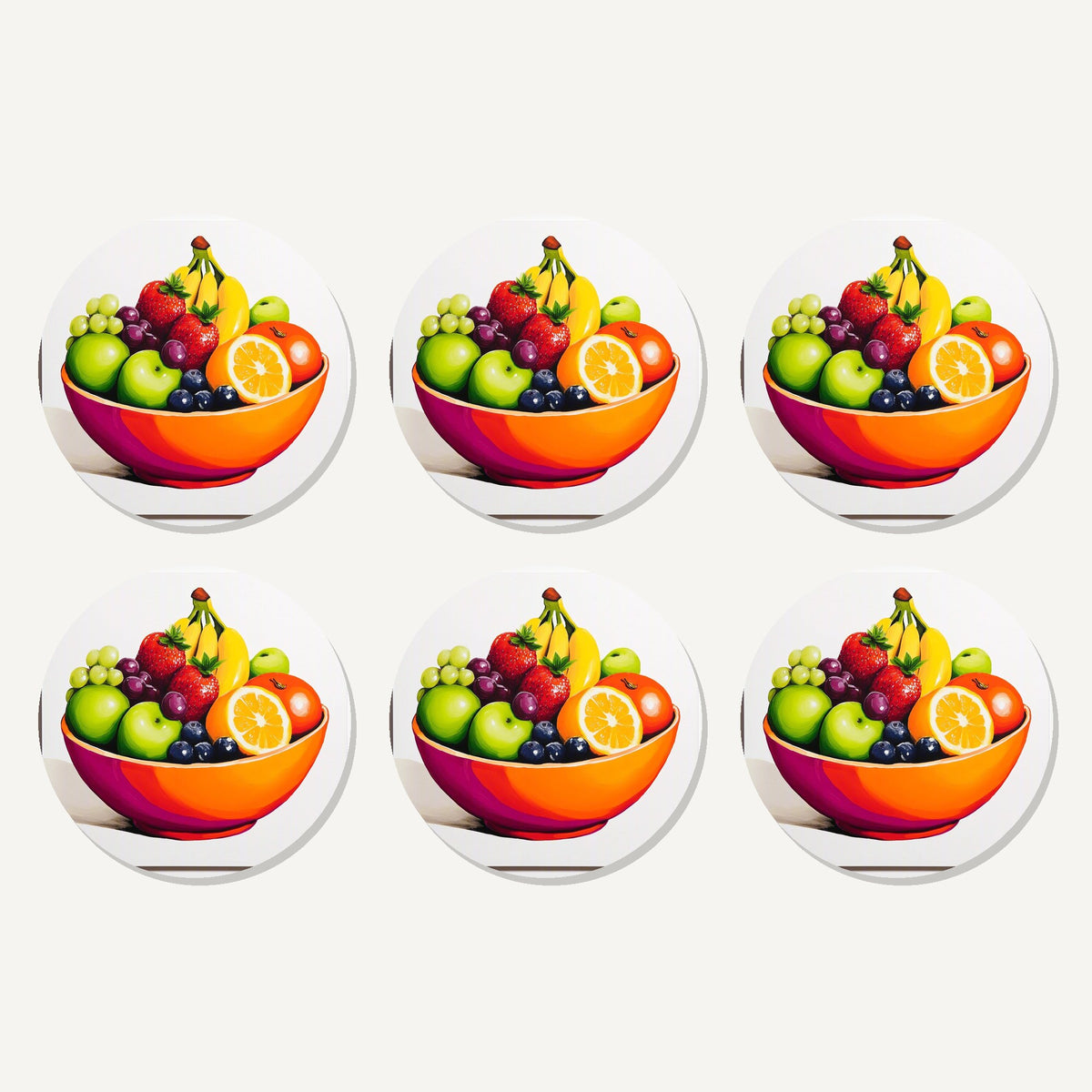 Flat lay of the fruit in an orange bowl artwork on six round coasters