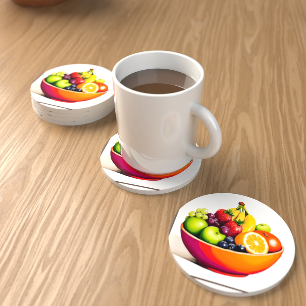 Fruit in an Orange Bowl Round Ceramic Coasters – Set of 6 – lifestyle mockup with a mug of coffee