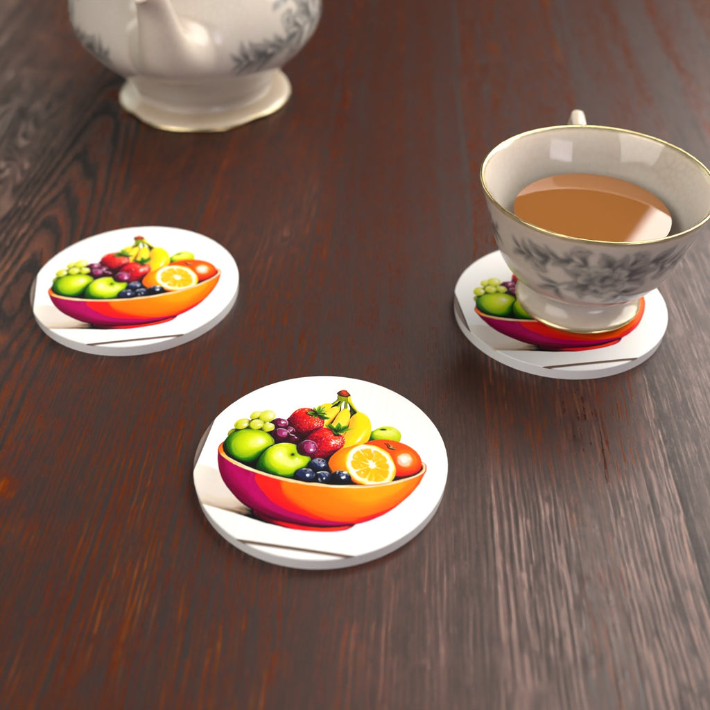 Fruit in an Orange Bowl Round Ceramic Coasters – Set of 6 – lifestyle mockup with a teacup