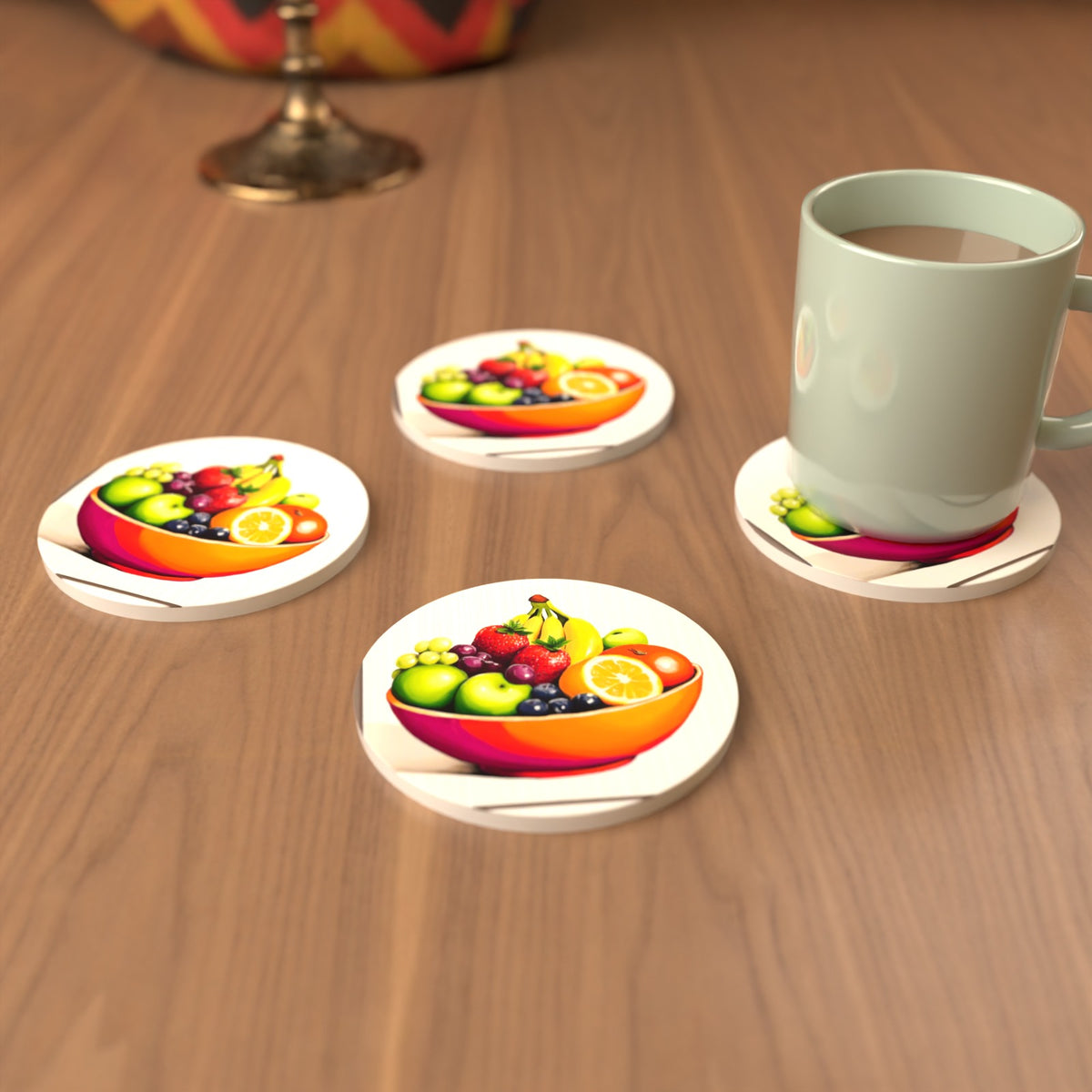 Fruit in an Orange Bowl Round Ceramic Coasters – Set of 6 – cosy lifestyle mockup