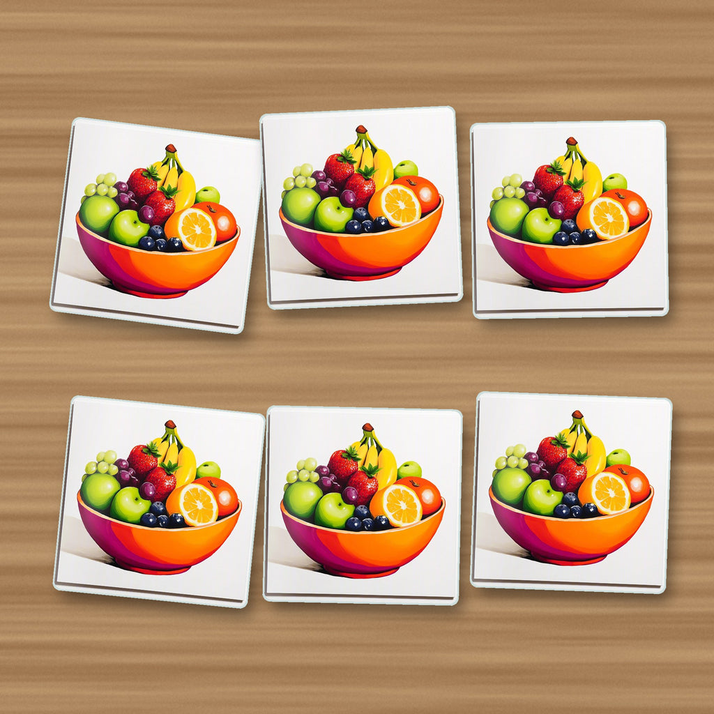 Fruit in an Orange Bowl square glass coasters, set of 6, on an oak coffee table
