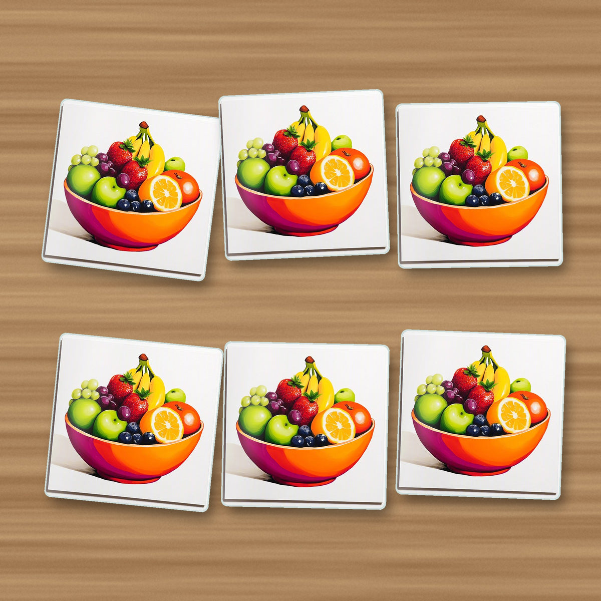 Fruit in an Orange Bowl square glass coasters, set of 6, on an oak coffee table