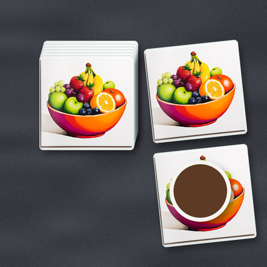 Fruit in an Orange Bowl square glass coasters stacked on a slate kitchen worktop