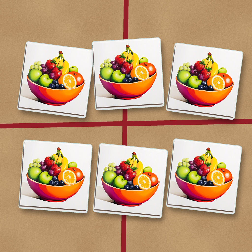 Fruit in an Orange Bowl square glass coasters on kraft gift wrap