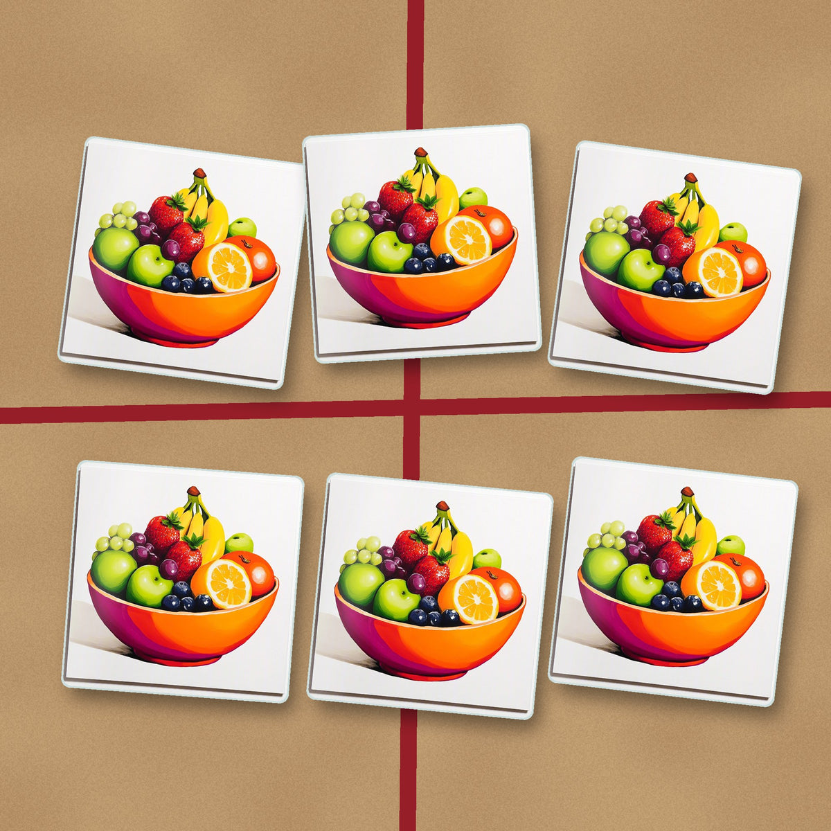 Fruit in an Orange Bowl square glass coasters on kraft gift wrap