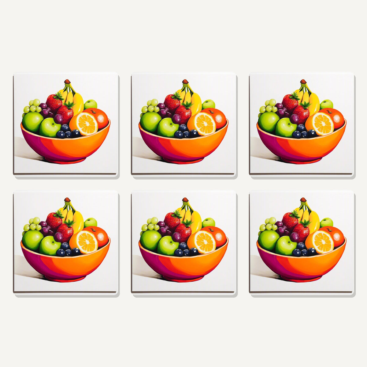 Flat lay of the fruit in an orange bowl artwork on six square coasters