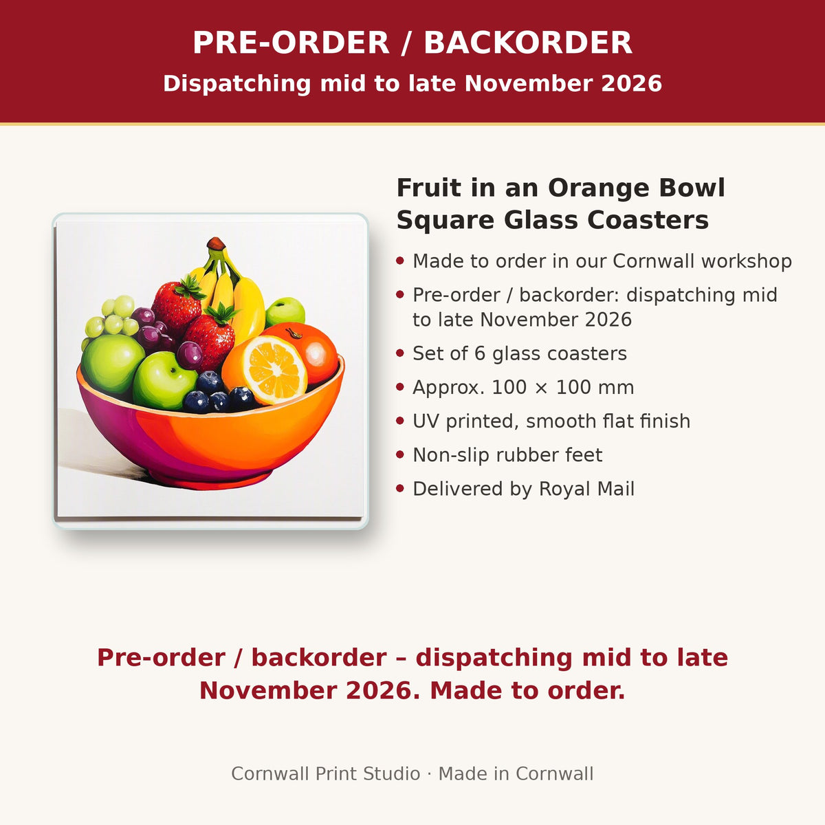 Info card: Fruit in an Orange Bowl Square Glass Coasters – Set of 6, made to order, dispatching mid to late November 2026, delivered by Royal Mail