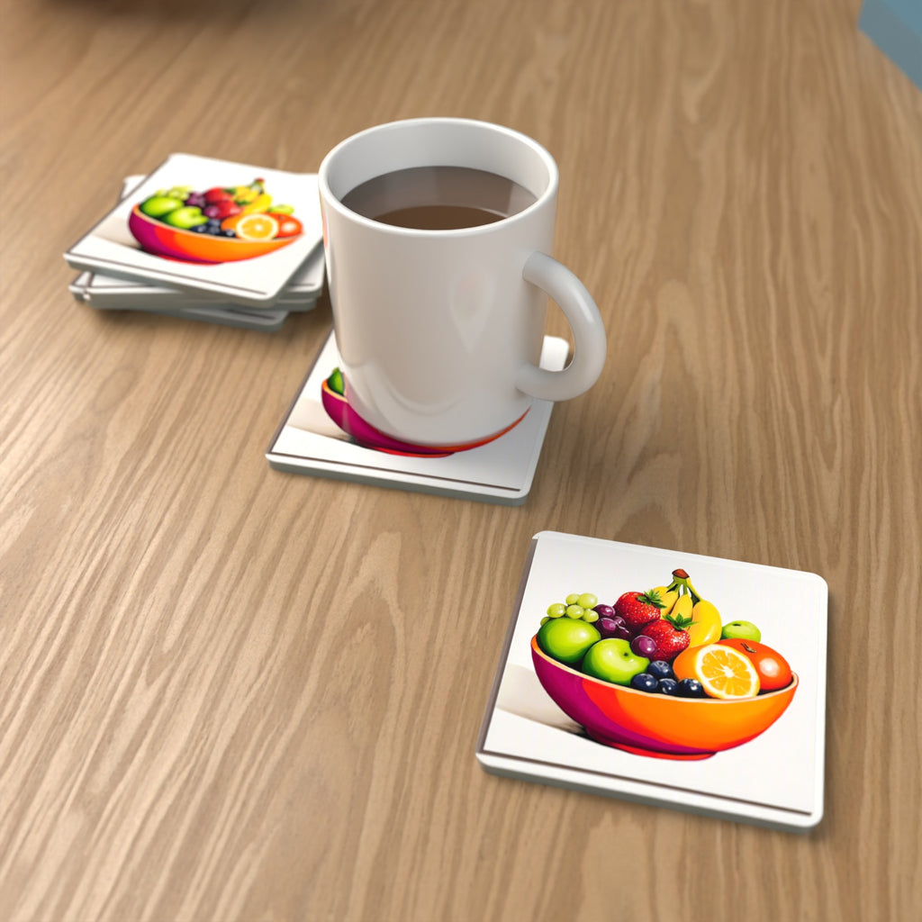 Fruit in an Orange Bowl Square Glass Coasters – Set of 6 – lifestyle mockup with a mug of coffee