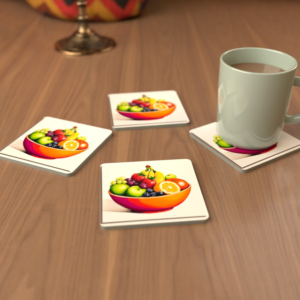 Fruit in an Orange Bowl Square Glass Coasters – Set of 6 – cosy lifestyle mockup