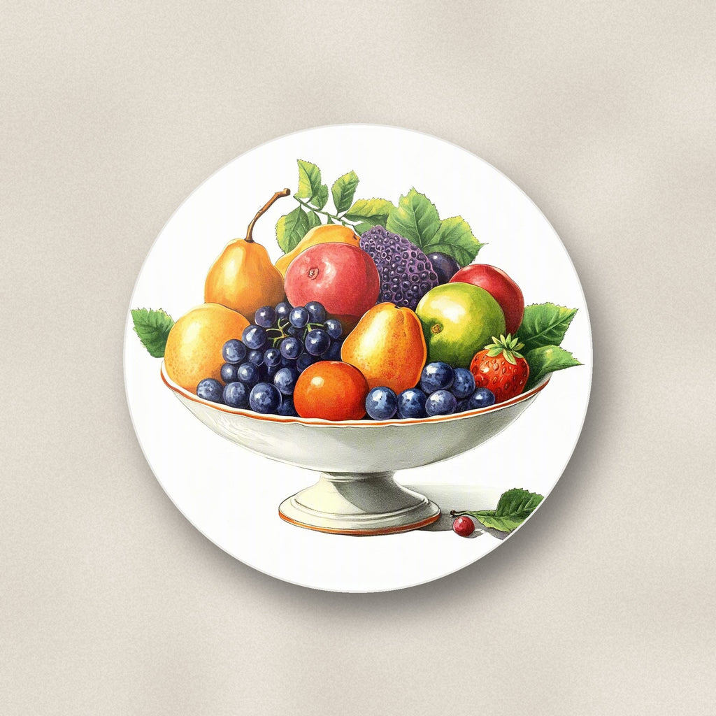 Close-up of one fruit in a footed bowl round ceramic coaster, flat UV print
