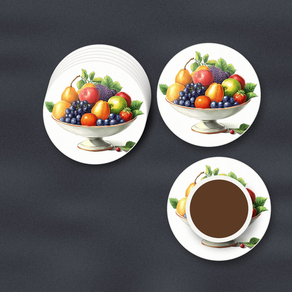 Fruit in a Footed Bowl round ceramic coasters stacked on a slate kitchen worktop