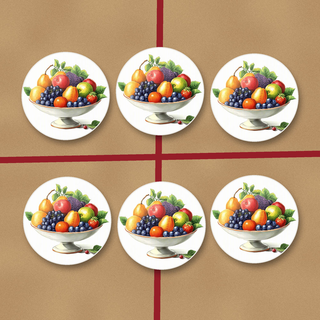 Fruit in a Footed Bowl round ceramic coasters on kraft gift wrap