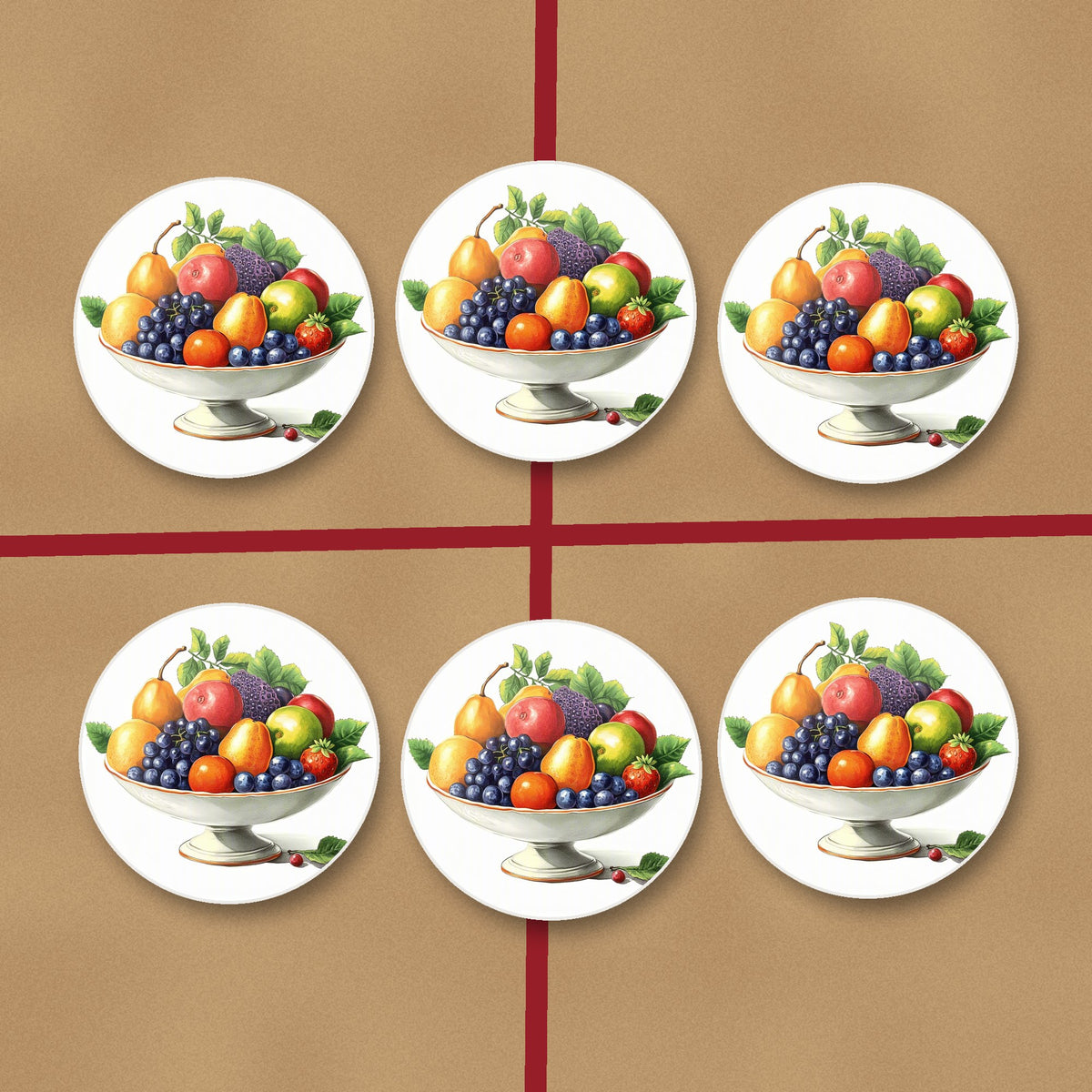 Fruit in a Footed Bowl round ceramic coasters on kraft gift wrap
