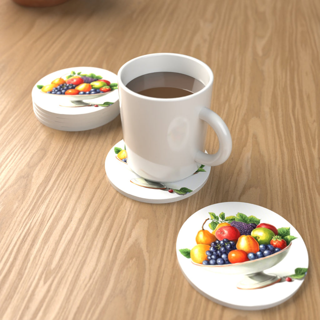Fruit in a Footed Bowl Round Ceramic Coasters – Set of 6 – lifestyle mockup with a mug of coffee