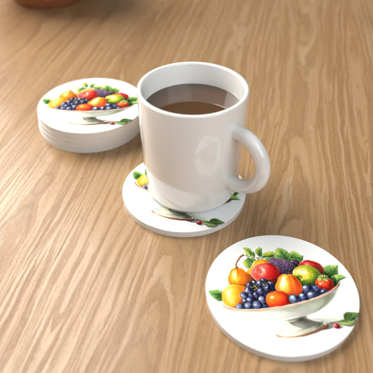 Fruit in a Footed Bowl Round Ceramic Coasters – Set of 6 – lifestyle mockup with a mug of coffee