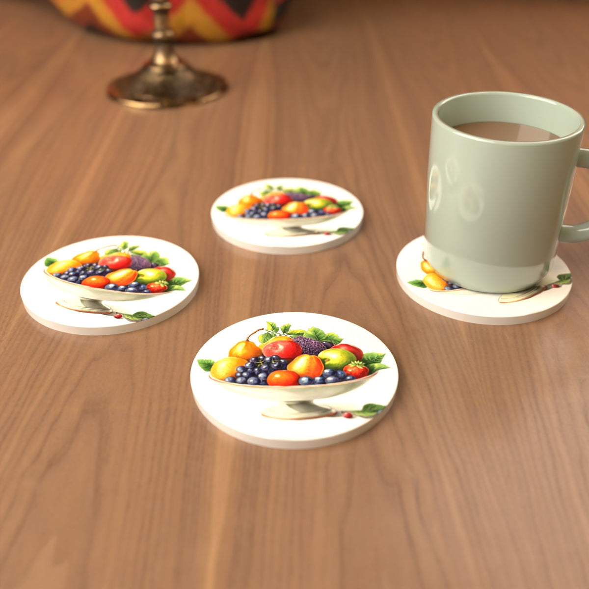 Fruit in a Footed Bowl Round Ceramic Coasters – Set of 6 – cosy lifestyle mockup