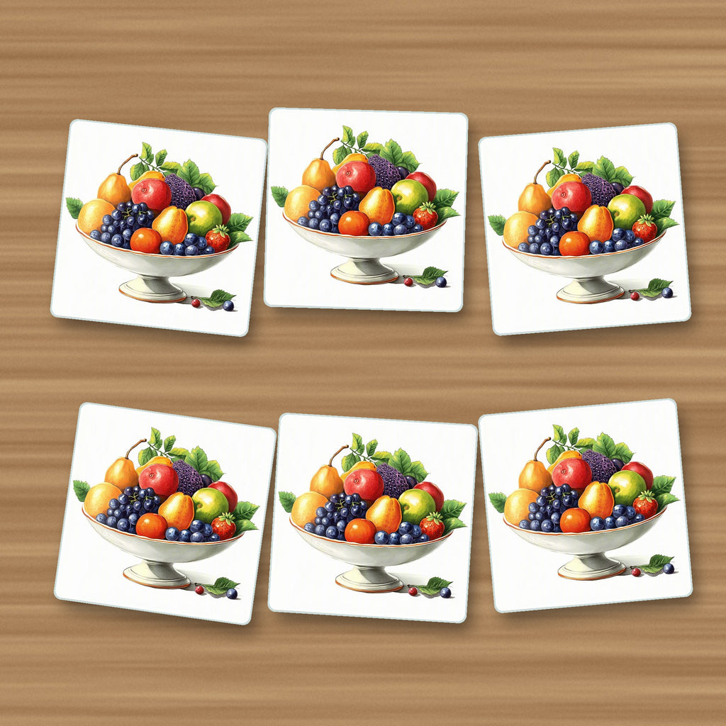 Fruit in a Footed Bowl square glass coasters, set of 6, on an oak coffee table