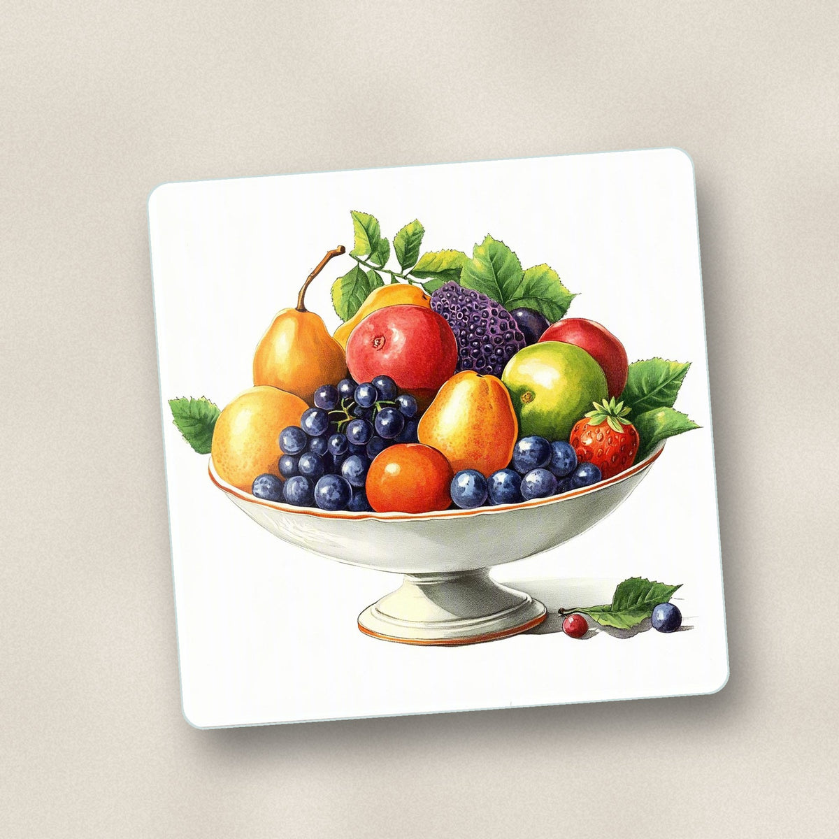 Close-up of one fruit in a footed bowl square glass coaster, flat UV print