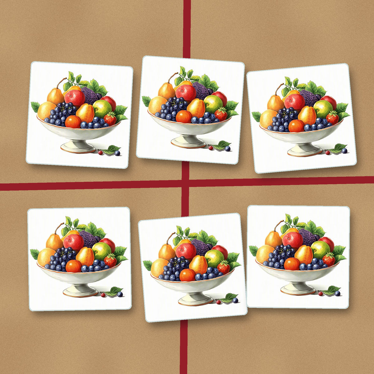 Fruit in a Footed Bowl square glass coasters on kraft gift wrap