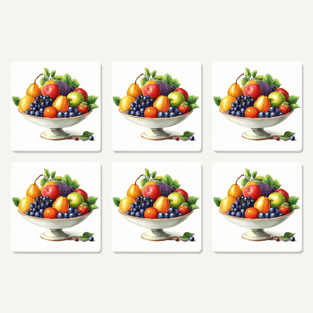Flat lay of the fruit in a footed bowl artwork on six square coasters