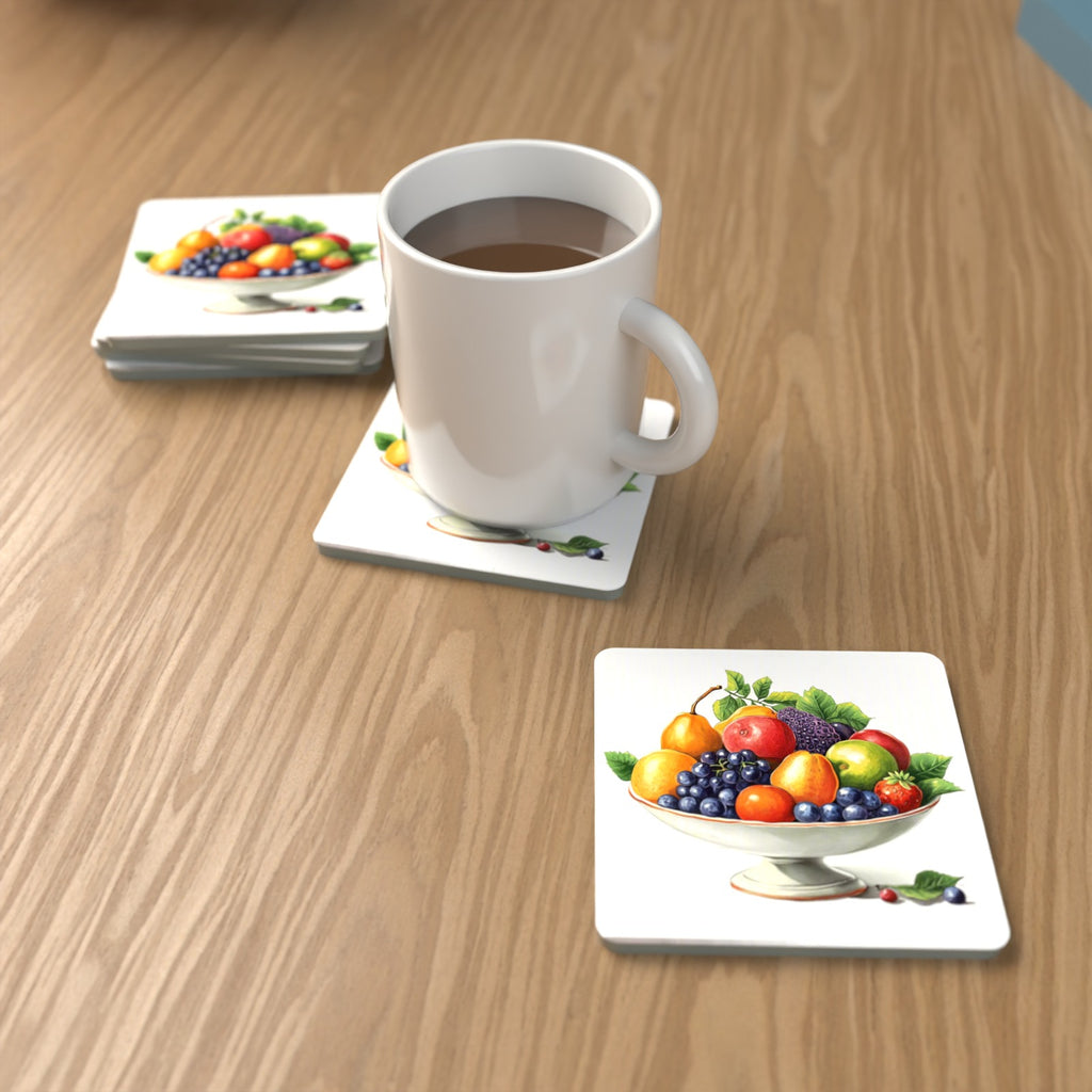 Fruit in a Footed Bowl Square Glass Coasters – Set of 6 – lifestyle mockup with a mug of coffee
