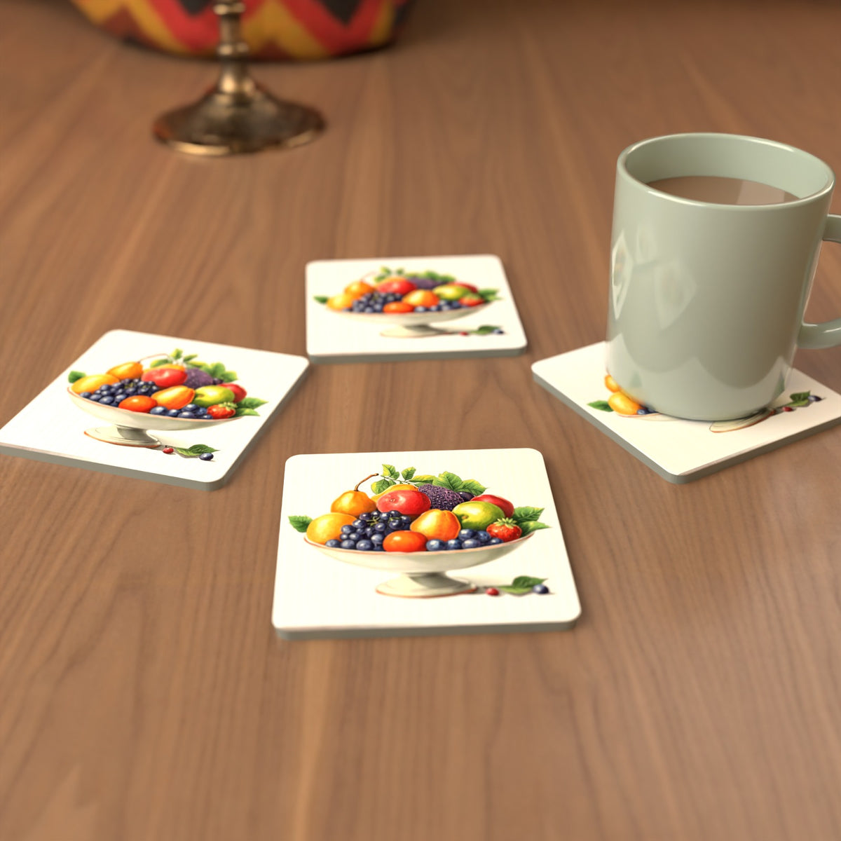 Fruit in a Footed Bowl Square Glass Coasters – Set of 6 – cosy lifestyle mockup