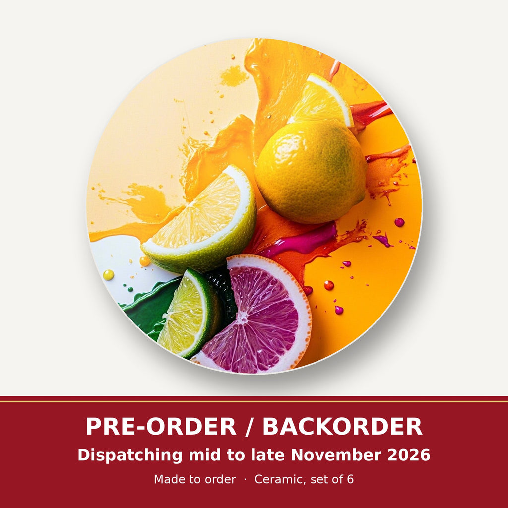 Citrus Splash round ceramic coaster set of 6 – pre-order / backorder, dispatching mid to late November 2026