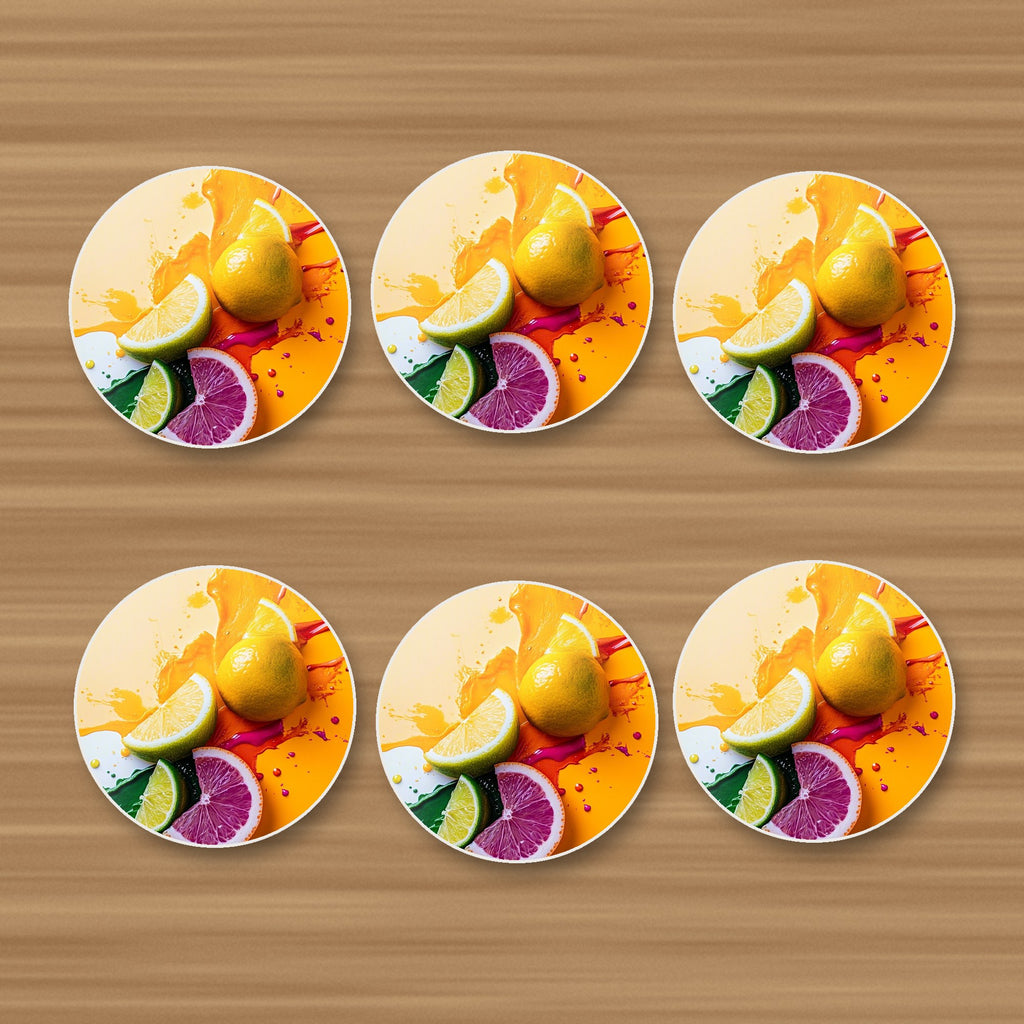 Citrus Splash round ceramic coasters, set of 6, on an oak coffee table