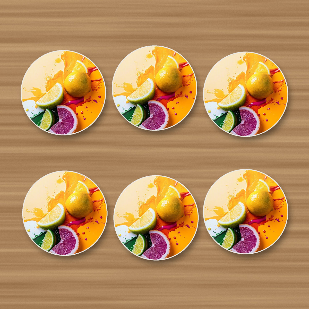 Citrus Splash round ceramic coasters, set of 6, on an oak coffee table